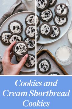 cookies and cream shortbread cookies on a white plate with milk in the background, two pictures showing how to make them