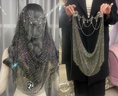 two pictures of a woman with long hair and silver jewelry on her head, one is wearing a veil