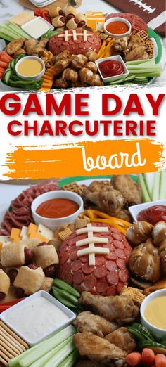 a football themed charcuterie board with meats and vegetables