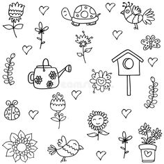 hand drawn doodle flowers and birds royalty illustration