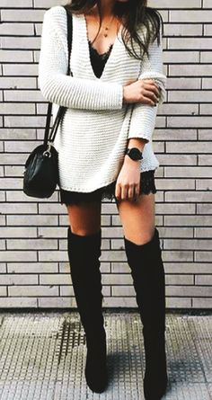 Outfits For Thigh High Boots, White Knit Dress Outfit, Lace Slip Dress Outfit, Corp Goth, Slip Dress Outfit, Sassy Style, Ideas Clothes, Otk Boots, White Outfit