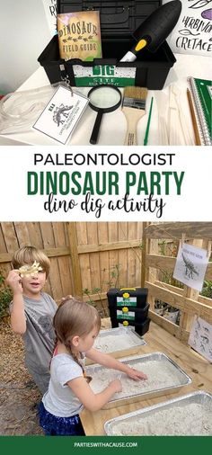 two children are playing with dinosaurs in the sand at a dinosaur party that is set up outside