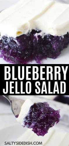 blueberry jello salad on a white plate with a fork and text overlay that reads, blueberry jello salad