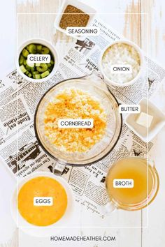 the ingredients to make an egg salad on top of newspaper paper with text overlay