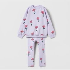 Zara Baby Kids Toddler Girl Purple Flower Sweatshirt And Leggings Plush Matching Set Nwt 2-3y 3-4y 4-5y Elastic Waistband Leggings, Stylish Baby Girl Outfits, Sweatshirt And Leggings, Zara Australia, Flower Sweatshirt, Plain Sweatshirt, Knee Patches, Zara Knit, Lilo Stitch