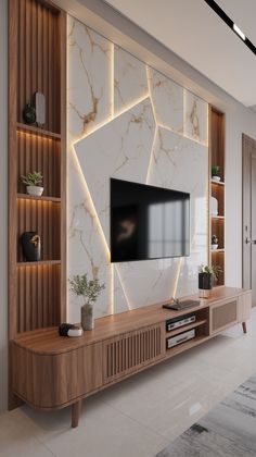 a living room with a large tv on the wall and wooden shelves in front of it