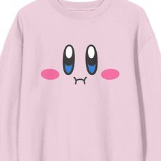 Stay warm and cozy as you celebrate your favorite video game characters with this Kirby tee. The shirt features a large image of Kirby's full face complete with a pair of rosy cheeks. The tee comes in a cradle pink long sleeve crew neck. Kirby fans will love this comfy and cozy shirt. Kawaii Long Sleeve T-shirt For Streetwear, Kawaii Crew Neck Tops For Fan Merchandise, Kawaii Style Fan Merchandise Tops With Crew Neck, Kawaii Fan Merchandise Tops With Crew Neck, Casual Long Sleeve T-shirt With Anime Print, Casual Cartoon Print Sweatshirt For Fans, Pink Casual Sweatshirt For Fan Merchandise, Rosy Cheeks, Large Image