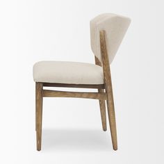 an upholstered wooden chair with a white fabric seat and backrest, viewed from the front