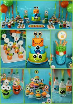 an assortment of cakes and cupcakes for a monster birthday party