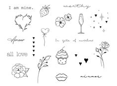 some flowers and hearts on a white background with the words i am mine in black ink