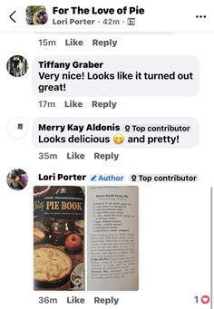 two texts are being shared to each other on the same page, and one has an image of pies