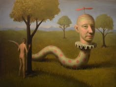 a painting of a man with a snake on his head and trees in the background