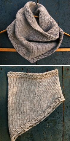 two pictures showing how to make cowl - free knitting patterns with 2 bananas cowl