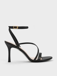 Black Asymmetric Strappy Heeled Sandals - CHARLES & KEITH US Black Open Toe Heels, Black And White Heels, Nylons Heels, Dinner Outfit, Perfect Desk, Faux Leather Heels, Strappy Sandals Heels, Black Sandals Heels, Prom Shoes