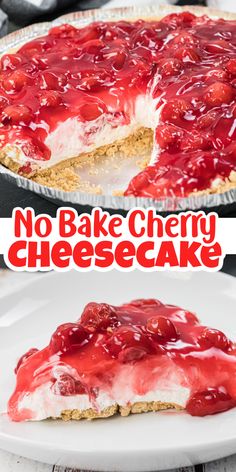 Pin of No Bake Cherry Cheesecake with a slice cut out and a piece on a white plate. Cherry Cheesecake Pie, Cherry Cream Cheese Pie, Cream Cheese Pie Recipes, Cherry Pie Filling Recipes, Cherry Cream Cheese, Cherry Cheesecake Recipe, No Bake Cherry Cheesecake, Graham Cracker Recipes, Cherry Topping