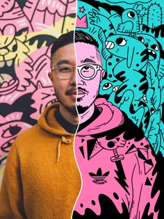 a man with glasses standing in front of a colorful wall and an image of himself