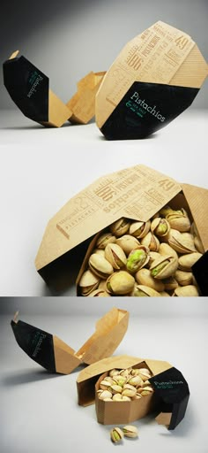 the packaging is made out of cardboard and has nuts in it, including pistachios