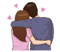 two people are hugging each other with hearts flying around the back and one person has his arm around the other's shoulder