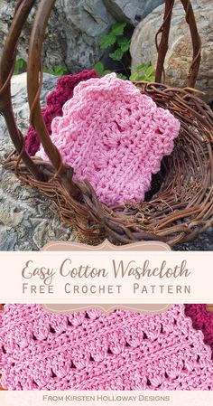 a pink crocheted bag sitting on top of a pile of rocks next to a basket