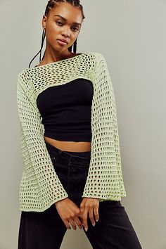 Give any look and breezy layer with this extra-cropped crochet bolero. **Fit:** Relaxed, extra cropped **Features:** Pull-over style, crew neckline, bell sleeve, crochet fabrication **Why We | Hayley Crochet Bolero Top by Free People in Green, Size: M/L Unique Top Designs, Bolero Top, Crochet Crop Top Pattern, Sleeve Crochet, Crochet Bolero, Crochet Tops Free Patterns, Crochet Summer Tops, Crochet Tank, Crochet Shirt