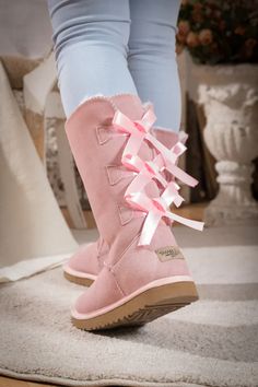 SMAIBULUN Ugg | TRI RIBBON BOW SUEDE BOOTS - PINK Luxury Pink Boots For Fall, Pink Ugg Boots Nordstrom, Pink Ugg Boots Zappos, Ribbon Red Ugg, Pink Slipper Boots, Pink Ugg Boots Ugg, Aka Ugg Boots, Pink Ugg Boots Low, Ugh Boots Pink