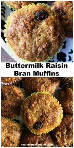 two pictures of muffins with the words buttermilk raisin bran muffins