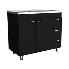 a black cabinet with two drawers and a white counter top is shown in front of a white background