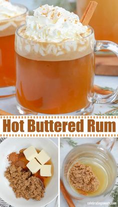 hot buttered rum recipe in mugs with cinnamon sticks and marshmallows