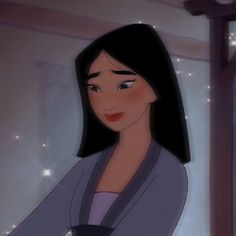 an animated image of a woman with long black hair wearing a purple dress and grey cardigan