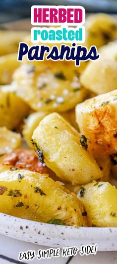 roasted parsnips in a white bowl with text overlay