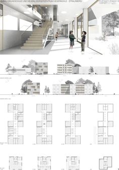 an architectural drawing shows the interior and exterior areas of a building with multiple floors, stairs,