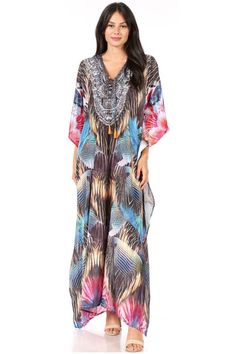 V-NECK/FLORAL/SUMMER/CASUAL/SWING DRESS/COVER UP: Yeni, the ideal loose dress for everyday wear. This lovely garment features a V-neck, short sleeves, maxi, loose fit, floor length, made with super light printed material, silky feel. Ideal for summer wear, bohemian casual style. Look and feel like a goddess in any setting while wearing this lovely flattering dress! V-neck Printed Maxi Dress For Beach Season, Flowy V-neck Beach Dress With Tropical Print, Flowy V-neck Beach Dress For Resort, Beachy Flowy V-neck Kaftan, Multicolor V-neck Cover-up For Beach Party, Tropical V-neck Maxi Dress For The Beach, Bohemian V-neck Swimwear For Beach, Bohemian V-neck Cover-up With Tropical Print, Bohemian V-neck Tropical Print Cover-up