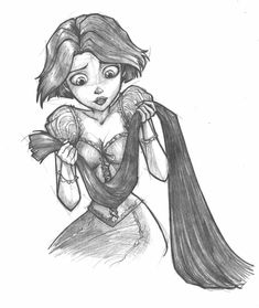 a pencil drawing of a woman with long hair wearing a dress and holding a fan