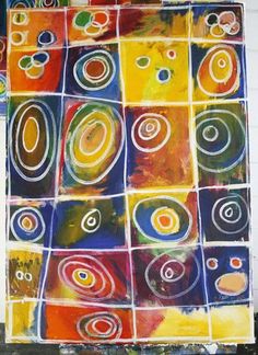 an abstract painting with circles and dots on the outside of it, painted in bright colors