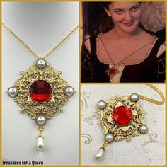 Replica of Danielle de Barbarac's Medieval Renaissance Necklace in the movie Ever After made with raw brass, red faceted glass cabochon, and acrylic pearls. **This necklace will be made just for you and can take 1 to 2 weeks to ship** This large, bold necklace is made using several polished raw brass filigrees, 6 in total, and has a nice sturdy weight to it. All filigrees are polished then protected with 2 coats of Renaissance Wax. In the center is a large 25mm faceted red glass cabochon in a la Movie Jewelry, Queen Images, Movie Replica, Replica Jewelry, Three Star, Bold Necklace, Star Jewelry, Faceted Glass, Lace Edging