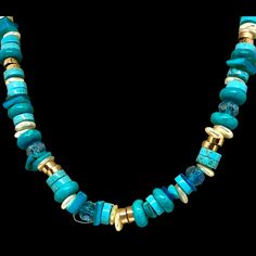 This exquisite unisex choker necklace features turquoise, pearls, 14K gold, and crystals, all crafted to perfection with an intricate texture and lobster clasp closure. Measuring 23 inches, it embodies style and taste with its stunning Mediterranean colors, making it the ultimate piece for those who want to stand out. This necklace exudes power and sophistication, allowing you to express your individuality and make a statement that resonates with your spirit. Whether you're dressing up for a formal event or making a statement in a casual setting, this accessory effortlessly complements any outfit. Elegant Turquoise Rondelle Beaded Necklaces, Elegant Turquoise Necklace With Lobster Clasp, Elegant Blue Turquoise Necklace With Lobster Clasp, Elegant Blue Turquoise Necklace, All Craft, Luxor, Nature Jewelry, Wearable Art, Formal Event