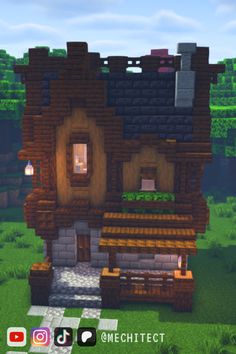 an image of a small house in the middle of some green trees and grass with text that reads minecraft