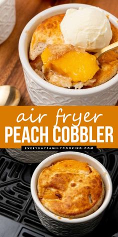 This 20-minute air fryer peach cobbler recipe is a great summer dessert to make! With the combination of sweet peach, cinnamon, and crispy and buttery bisquick, this dessert is a great dish this summer! Try this recipe now and see it for yourself! Air Fryer Peach Cobbler, Individual Peach Cobbler, Peach Cobbler With Bisquick, Summer Desserts Easy Healthy, Cobbler Recipes Easy, Best Summer Desserts, Cobbler Easy, Peach Cobbler Easy, Peach Desserts