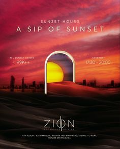 sunset hours asp of sunset poster with an open door leading into the horizon and buildings in the background