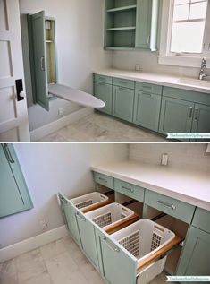 two pictures of the same room with different cabinets and drawers in it, one is empty