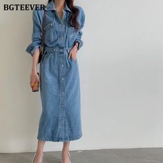 Vintage Single-breasted Denim Dress Pockets Slim Waist – lastrafashion Denim Dresses Online, Long Length Dresses, Womens Denim Dress, Denim Patterns, Dress Spring, Vintage Women, Light Blue Denim, Light Wash Denim, Colored Denim