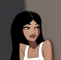 an animated image of a woman with long black hair, wearing a white tank top