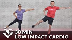 a man and woman doing an exercise with the words 30 min low impact cardio