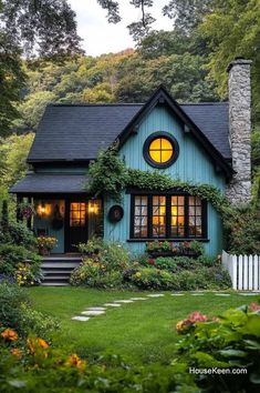 a small blue house in the woods with flowers and plants around it's windows