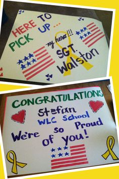 two pictures of congratulations signs with yellow ribbon and american flag on one side and we're so proud to you on the other