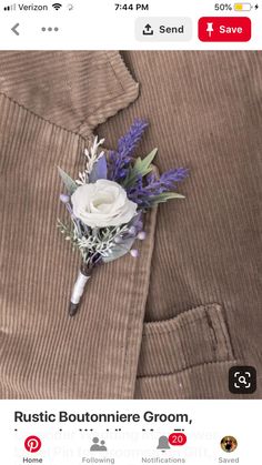 a boutonniere with purple flowers and greenery on the lapel of a man's jacket