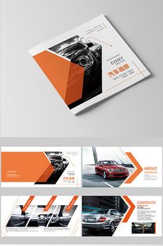 an orange and black business brochure is displayed on a gray background with the image of a car