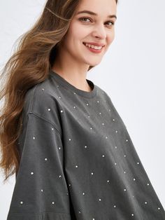 Details: Crewneck. Rhinestone embellishment. Loose fit. Small planet print on back. Materials & Care: 100% Cotton Machine wash | Gentle dry clean Do not bleach Size & Fit: Model is 5'8", Bust 30, Waist 24, Hips 36, wearing a size S Item #: JK2TE542D Cream Shirt Dress, Rhinestone Tshirts, Small Planet, Rhinestone Shirts, Cream Shirt, Crewneck Style, Silk Suit, Cropped Blazer, Silk Pants