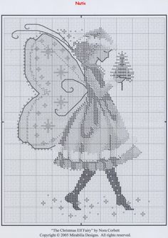 a cross stitch pattern with a woman carrying a butterfly on her back and the words,'christmas angel '