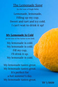 the lemonade song is written in front of a blue background with an orange on it